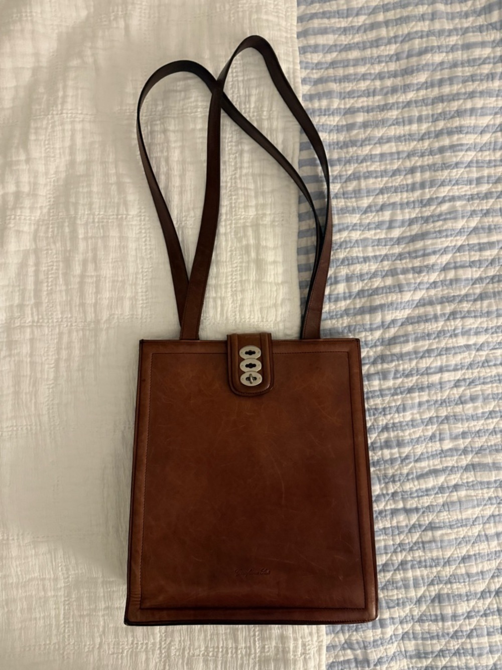 VINTAGE Italian Brown Real Leather Shoulder Bag - Classic Vertical Tote